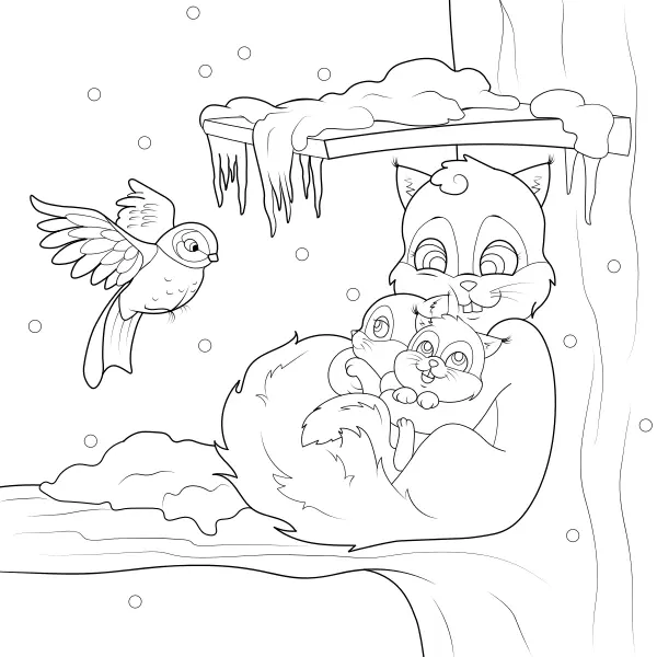 Una famiglia di scoiattoli in inverno | Disegni da colorare online per bambini