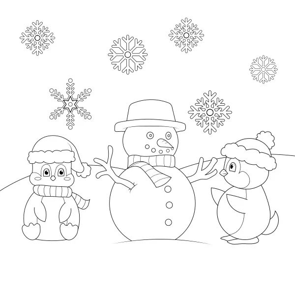 Pinguini con un pupazzo di neve | Disegni da colorare online per bambini