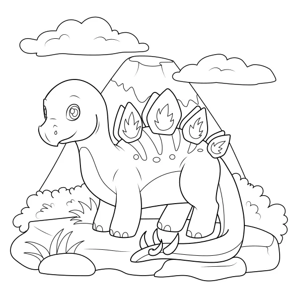 Dinosauro – Stegosauro ai piedi di un vulcano | Disegni da colorare online per bambini