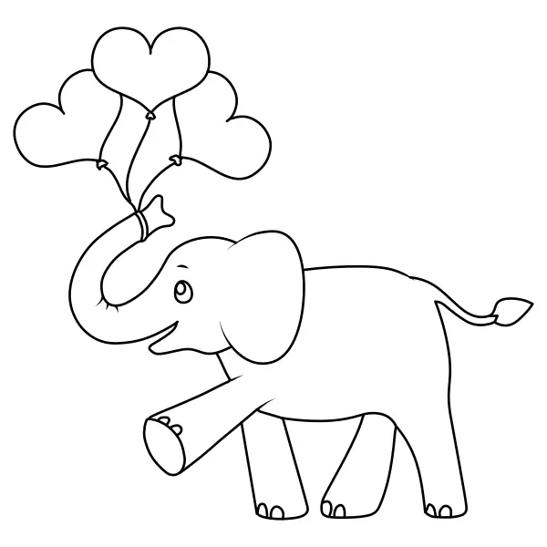 Elefantino con palloncini a forma di cuore | Disegni da colorare online per bambini