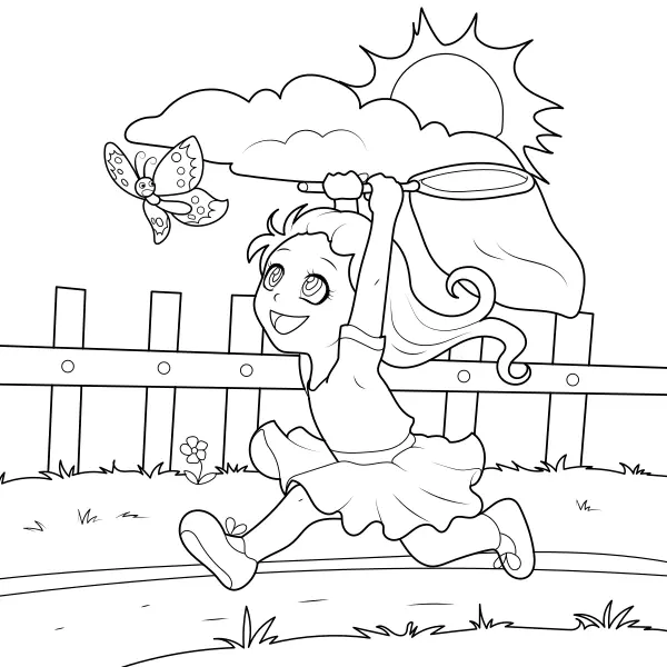Una ragazza cattura una farfalla | Disegni da colorare online per bambini