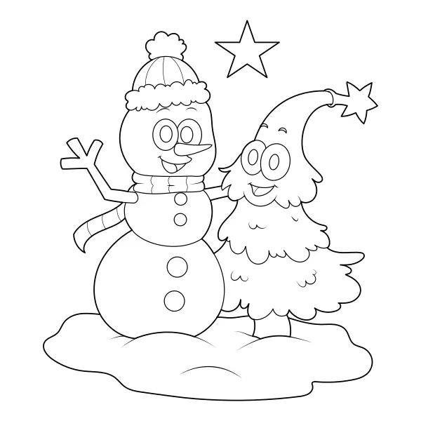 Il pupazzo di neve e l’albero di Natale | Disegni da colorare online per bambini