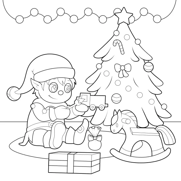 Il folletto di Natale prepara i regali | Disegni da colorare online per bambini