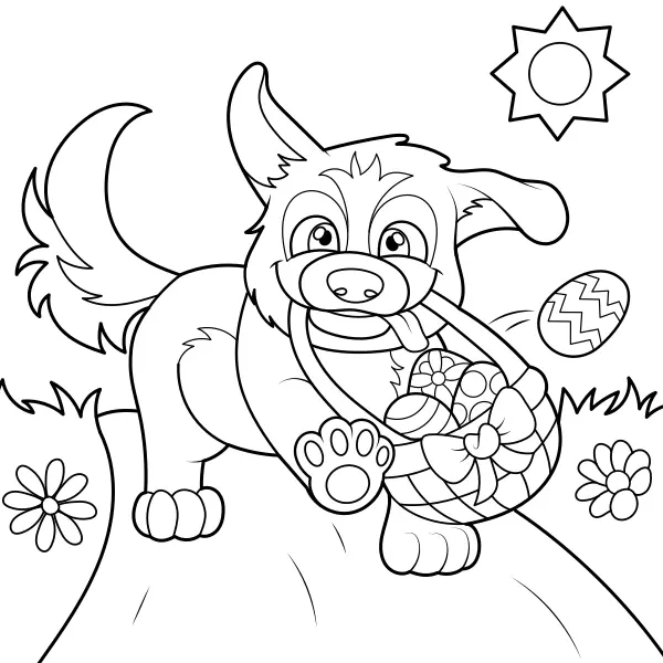Il cane porta le uova di Pasqua | Disegni da colorare online per bambini