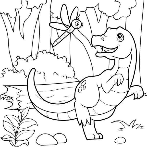 Il dinosauro insegue una libellula | Disegni da colorare online per bambini