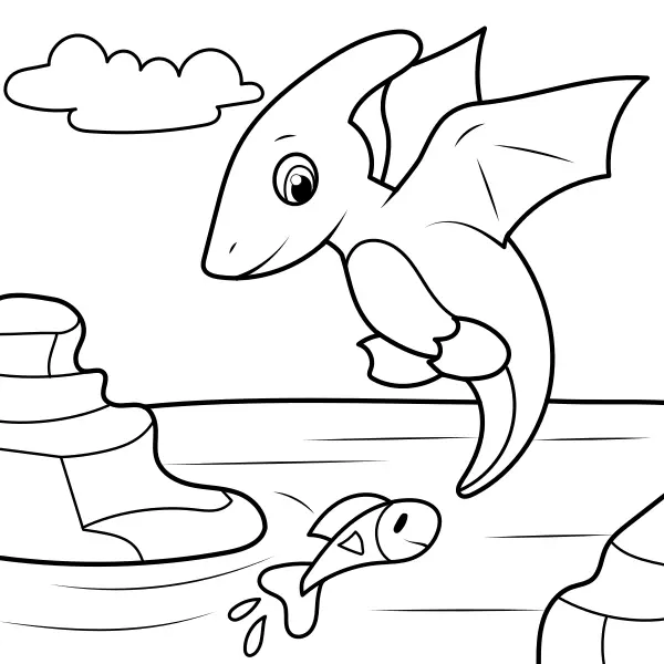 Un dinosauro cattura un pesce | Disegni da colorare online per bambini