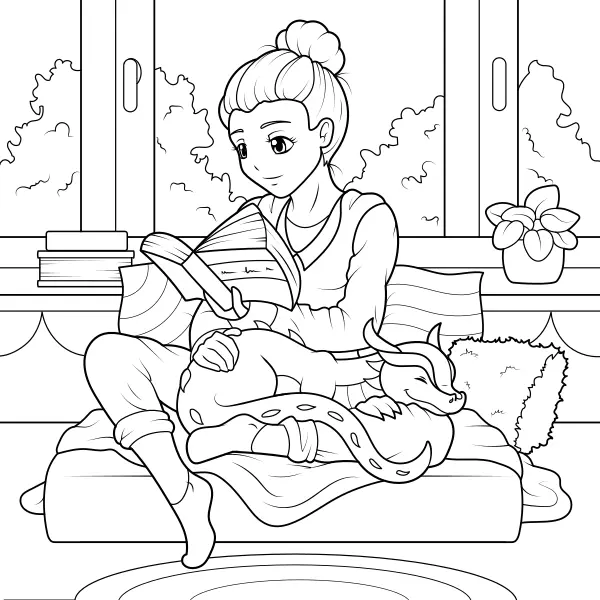 Una ragazza legge insieme a un drago | Disegni da colorare online per bambini