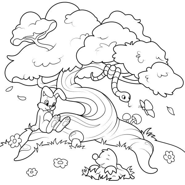 Animali sotto l’albero | Disegni da colorare online per bambini
