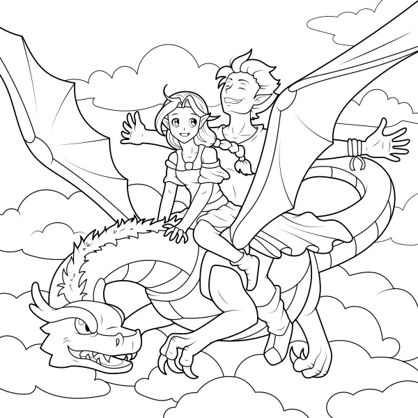 Gli elfi volano su un drago | Disegni da colorare online per bambini