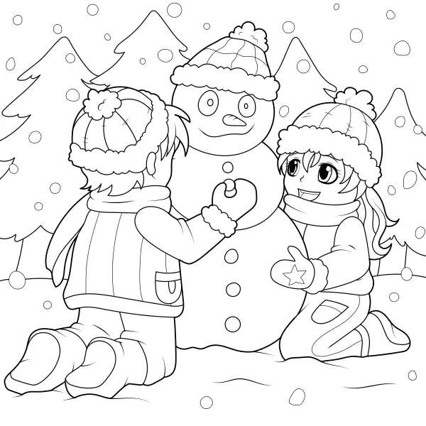 I bambini costruiscono un pupazzo di neve | Disegni da colorare online per bambini