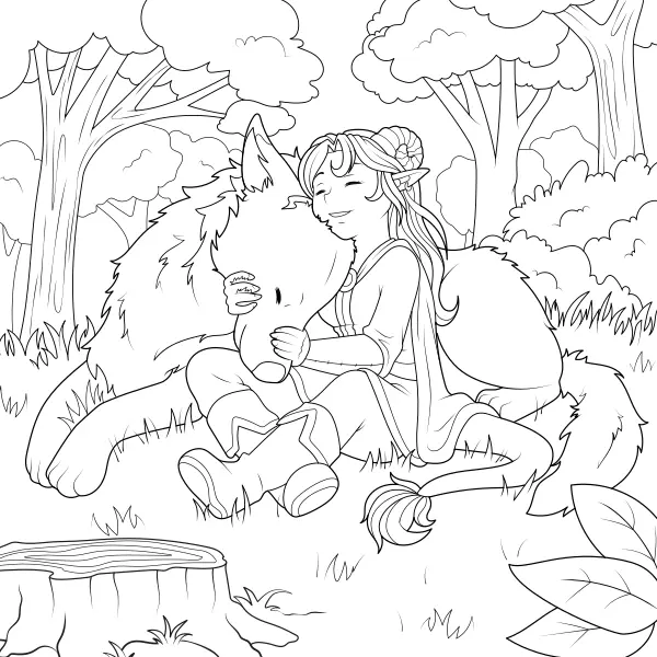 Ragazza fantasy con un lupo | Disegni da colorare online per bambini
