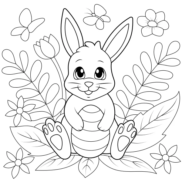 Il coniglietto pasquale, l’uovo e i fiori | Disegni da colorare online per bambini