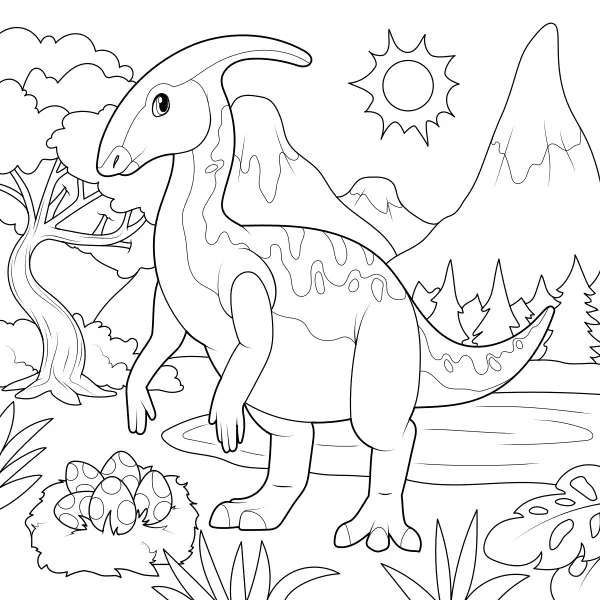 Parasaurolophus con il nido | Disegni da colorare online per bambini