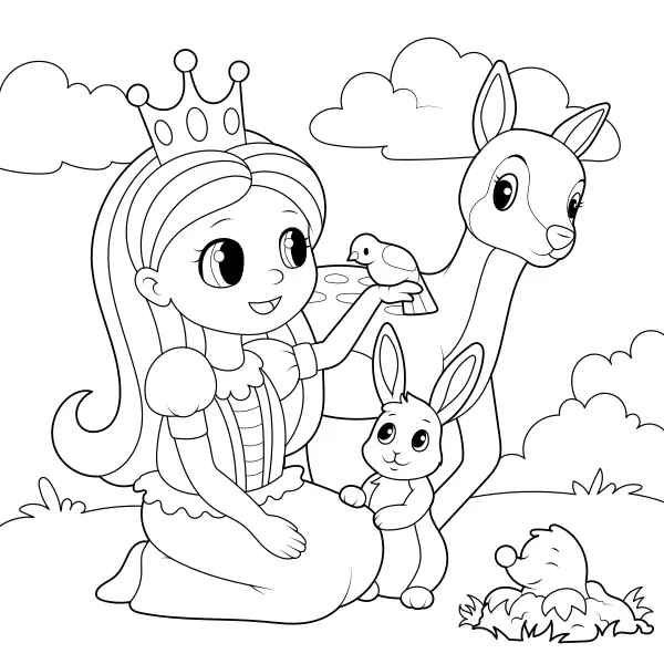 La principessa e gli animali | Disegni da colorare online per bambini