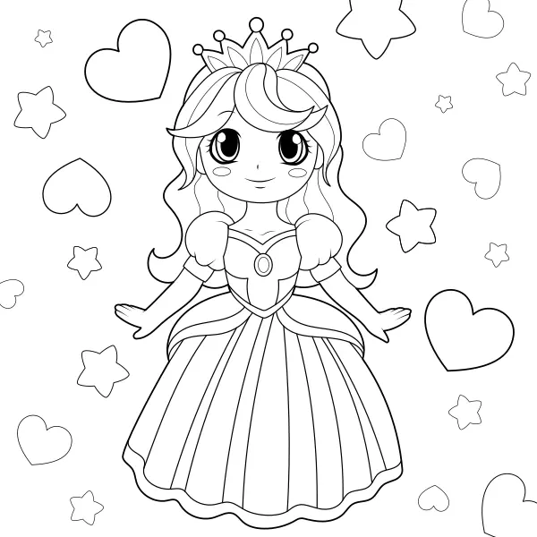 La principessa, i cuori e le stelle | Disegni da colorare online per bambini