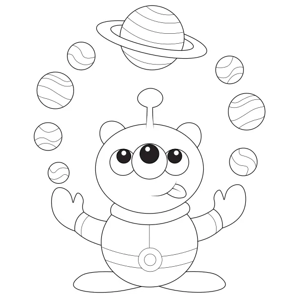 Un extraterrestre fa giochi di destrezza con i pianeti | Disegni da colorare online per bambini