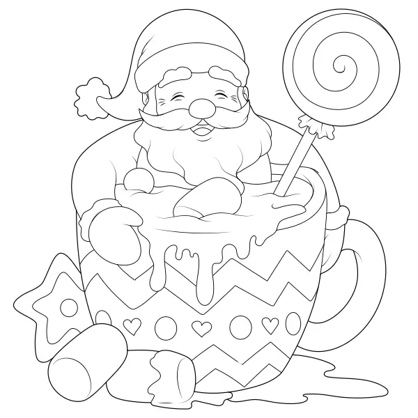 Babbo Natale in una coppetta di dolci | Disegni da colorare online per bambini