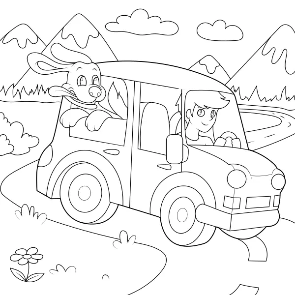 Un ragazzo con un cane in gita | Disegni da colorare online per bambini