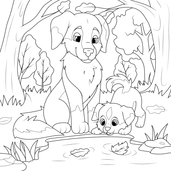 Cagnolini in riva al lago | Disegni da colorare online per bambini